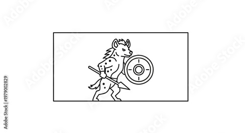 Anthropomorphic Hyena Warrior with Spear and Shield, Cartoon Style