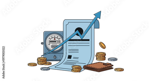 A hand-drawn vector illustration portrays a rising electricity bill alongside a meter, coins, and a wallet, set against a clean white background, conveying a sense of financial pressure