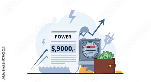 Stylized vector illustration depicting the increasing cost of electricity bills, shown with a power meter, wallet spilling cash, and a rising arrow, set against a clean white background