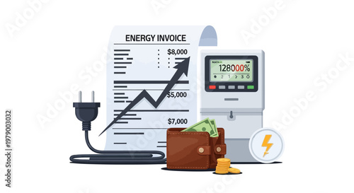 A vector illustration depicts a rising electricity bill showing utility cost inflation next to an energy meter and wallet with cash, suggesting expensive energy costs against a clean white