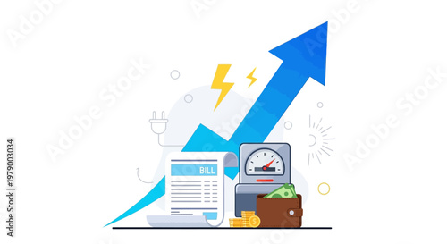 A vector illustration depicts rising utility costs with an electricity bill and meter, showcasing the finance and business aspects of expensive energy, set against a clean white background