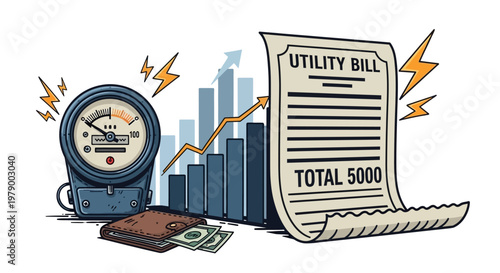 Vector illustration depicting the rising electricity bill alongside a power meter and increasing graph, symbolizing utility cost inflation against a clean white background with financial