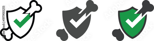 Minimalist vector icon set featuring human bones and security shields with checkmarks representing orthopedic health bone protection medical insurance and calcium supplement concepts