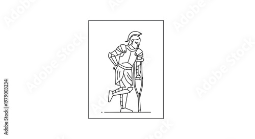 Injured warrior with crutch, ancient armor, sad expression, concept of defeat and resilience