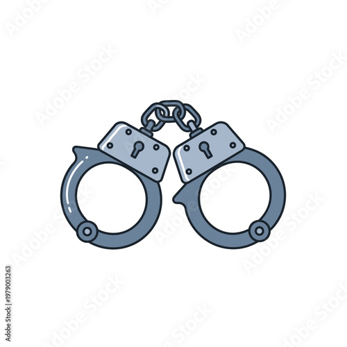 Cartoon style illustration of grey metal handcuffs depicting arrest and crime.