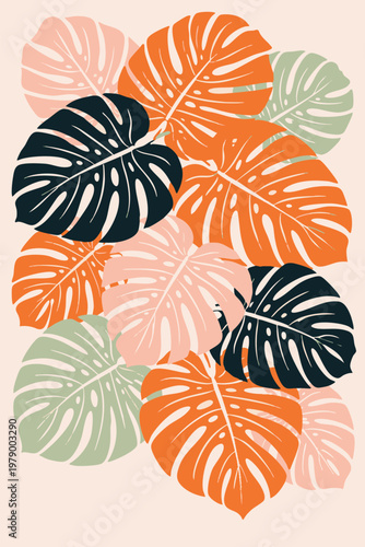 Colorful Monstera Leaves Abstract Tropical Botanical Illustration