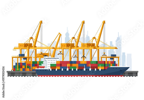 Container Ship Docked at Port with Cranes Loading and Unloading Cargo for International Trade