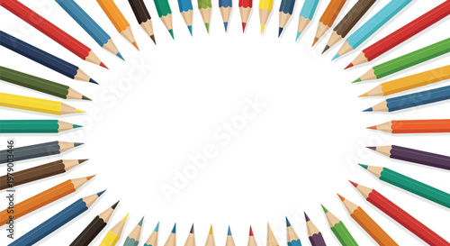 Vibrant colored pencils arranged in a circular frame surrounding white copy space