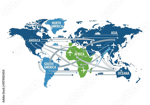 Global Export and Import Routes Illustrated on a World Map with Africa Highlighted