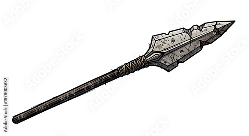 Ancient Stone Spearhead with Wooden Shaft