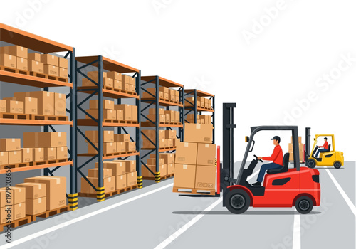 Forklift trucks loading boxes in a warehouse with tall shelves and storage racks
