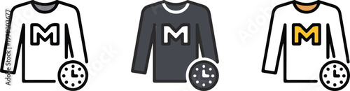 Minimalist vector icon set featuring long sleeve sweatshirts with letter M and clock symbol representing fast fashion express laundry and garment manufacturing time concepts