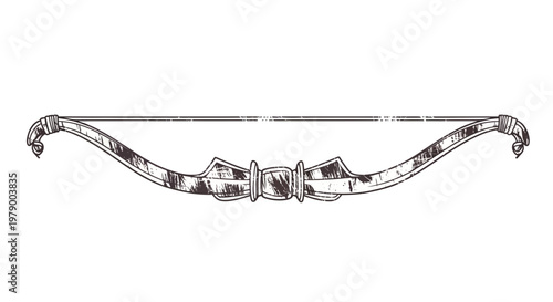 Hand-drawn illustration of a vintage bow and arrow, vintage weapon, archery equipment