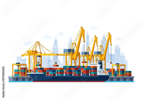 Massive cargo ship loaded with shipping containers at a busy industrial port with cranes and city skyline