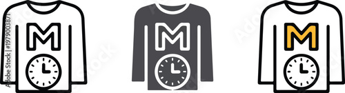 Minimalist vector icon set featuring long sleeve sweatshirts with letter M and clock symbol representing fast fashion express laundry and garment manufacturing time concepts