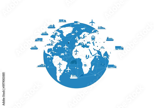 Global logistics and transportation network connecting continents with various modes of transport