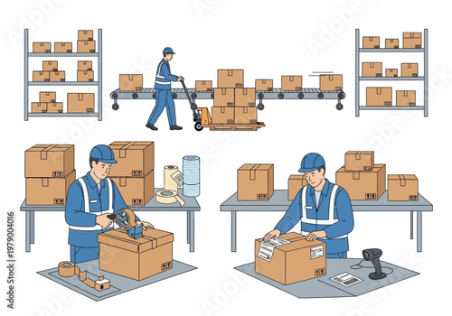 Illustrations of warehouse operations packing, labeling, and shipping logistics