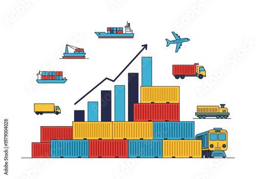 Global trade and logistics growth, shipping containers and transportation graph illustration