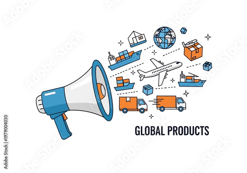 Global products and logistics represented by a megaphone with shipping and cargo icons