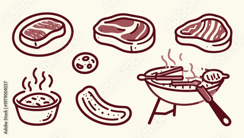 Set of raw meat steaks and barbecue grill