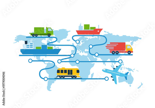 Global shipping and logistics network connecting various modes of transportation across the world map