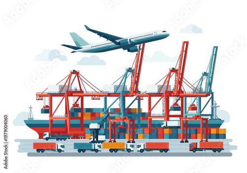 Global logistics and shipping operations with cargo plane, cranes, ships and trucks