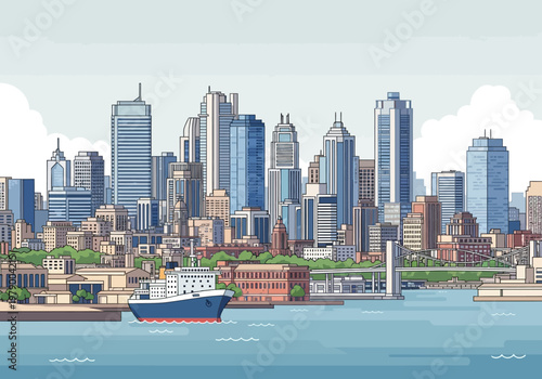 Panoramic illustration of a bustling cityscape featuring towering skyscrapers and a large cargo ship sailing across a calm body of water