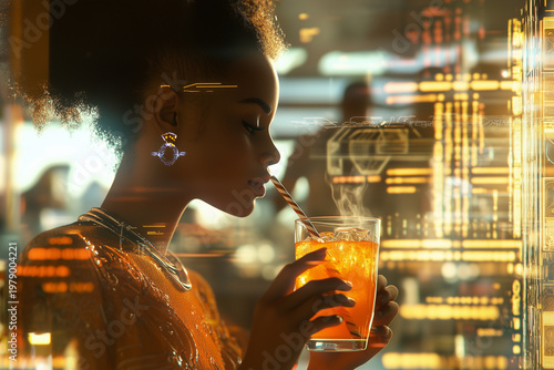 Woman drinking iced tea near window effect sunlight in futuristic cafe interface holographic visualization network in smart city.