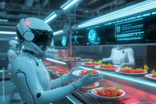 Futuristic robot chef serving gourmet dish in high technology restaurant showcasing technology and culinary artistry. 