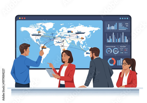 Global business logistics and supply chain management depicted by a diverse team analyzing a world map with shipping routes and data