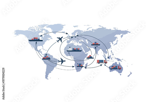 Global shipping and logistics network connecting continents with various modes of transportation
