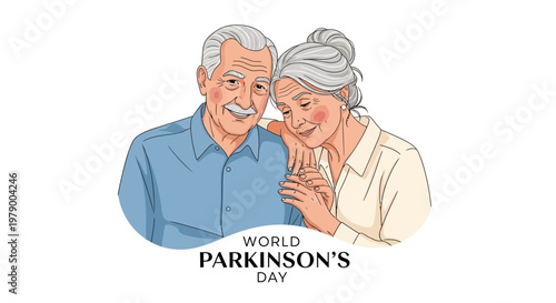 Vector illustration for Parkinson's disease awareness featuring an elderly couple gently holding hands in a supportive gesture, set against a clean white background to highlight the global