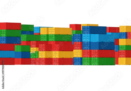 A vibrant, multicolored arrangement of stacked shipping containers on a plain white background