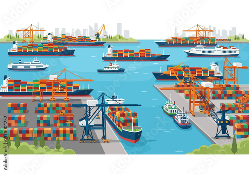 Shipping Containers and Cargo Ships Docked at a Busy International Port