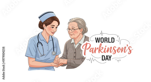 A compassionate nurse holds the hand of an elderly woman patient in a vector illustration for World Parkinson’s Day, set against a clean white background with elements of support and hope