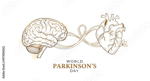 Detailed vector illustration for World Parkinson's Day featuring a stylized brain connected by a looping ribbon to a heart, presented against a clean white background to promote