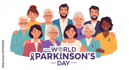 Group portrait illustration for World Parkinson's Day featuring diverse people wearing awareness ribbons, set against a clean white background with a compassionate mood