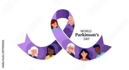 Illustrated vector graphic for World Parkinson’s Day displaying diverse faces within a purple awareness ribbon, set against a clean white background, promoting neurological disorder