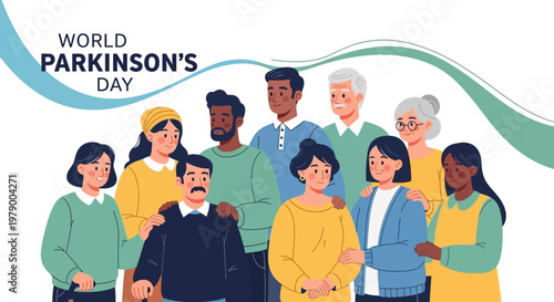 Vector illustration featuring a diverse group of people standing together in support of Parkinson's disease awareness, designed with a supportive and hopeful mood, set against a clean white