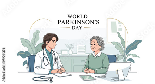 A compassionate doctor consults with a senior patient for World Parkinson’s Day in a bright medical office, showcasing a supportive healthcare environment in a hand-drawn style with a focus