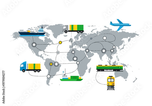 Global logistics and supply chain network connecting different modes of transport around the world