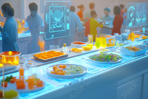 Futuristic buffet restaurant interface holographic menu nutritional management creating high technology dining atmosphere. 