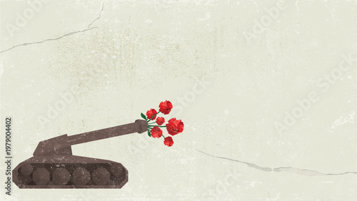 military Tank with red roses at the muzzles of cannon polygon shapes painted on old cement wall fade condition have blank space.
