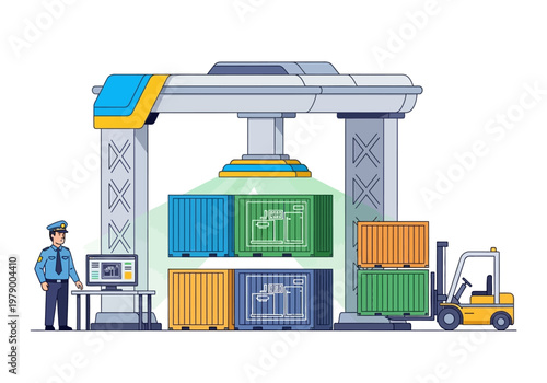Automated logistics system for cargo loading and unloading at a port terminal with security personnel