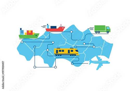 Global logistics and transportation network map with various modes of transit