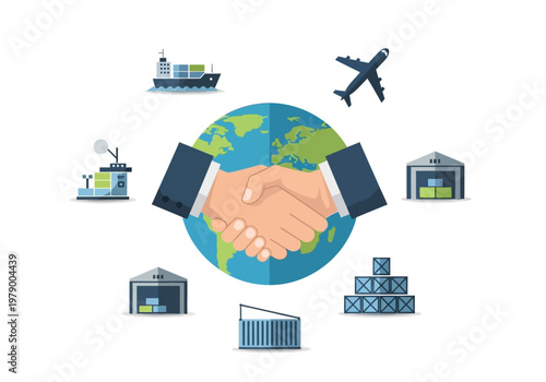 Global trade and logistics International business handshake connecting ships, planes, and warehouses