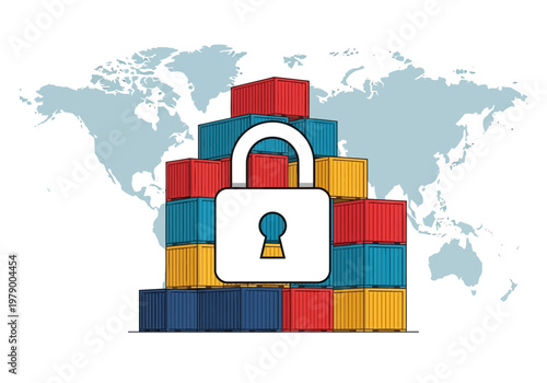 Secure global trade and logistics with protected shipping containers and a padlock symbol