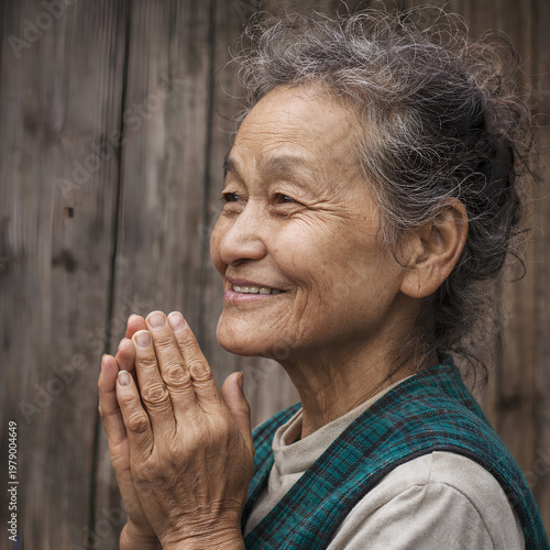 Smiling elderly woman in a rustic setting.
