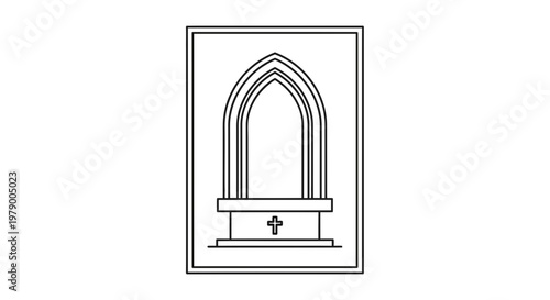 Gothic Arch Altar with Cross Icon, Religious Architecture Line Art