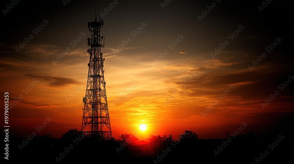 Fototapeta premium A dramatic sunset silhouettes a tall telecommunication tower against a vibrant orange and yellow sky, symbolizing modern connectivity.